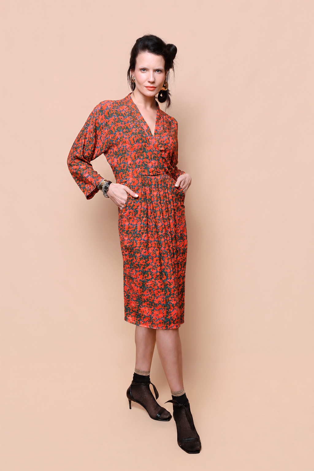 Vestido transpassado manga longa estampado Mato Grosso